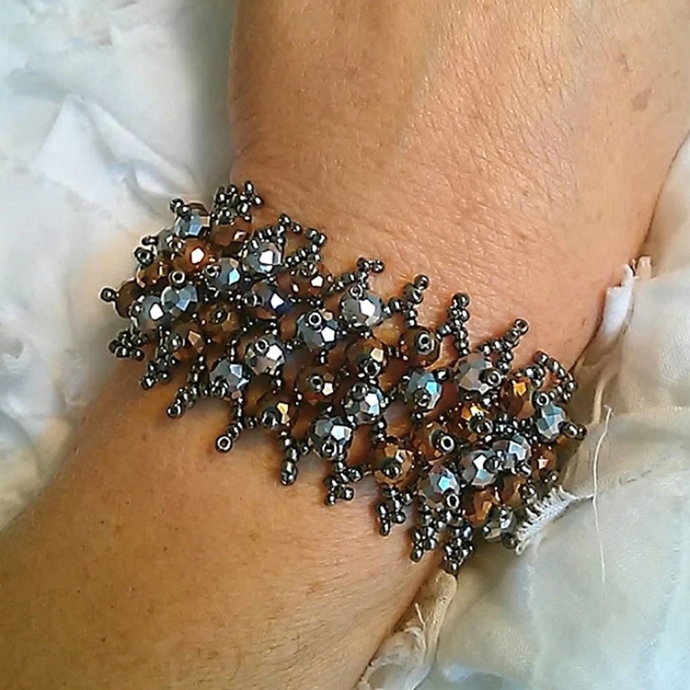 French Beaded Bracelet‎ 7.5" Bronze Silver Beads Elegant Barbiecore Fancy Party